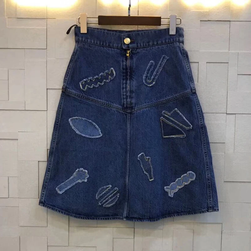 

Casual denim skirt women's 2019 summer new fashion high waist stitching patch blue skirt mini skirt A word skirt skirt