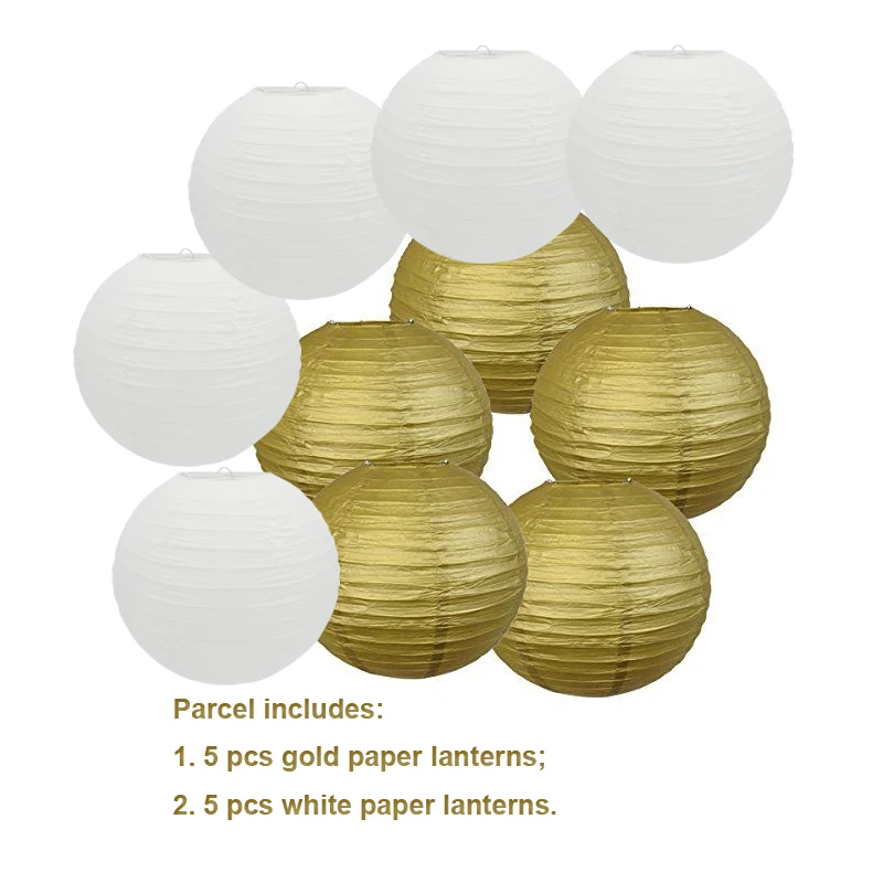 

10 Pcs DIY Gold and White Paper Lanterns Wedding lampion de mariage boule chinoise papier Lantern for Party Hanging Decor Favor