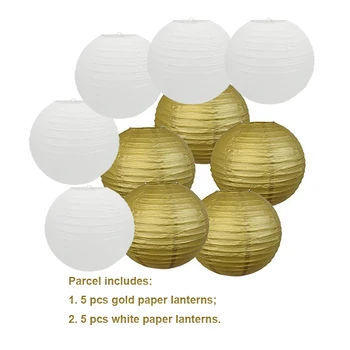

10 Pcs DIY Gold and White Paper Lanterns Wedding lampion de mariage boule chinoise papier Lantern for Party Hanging Decor Favor