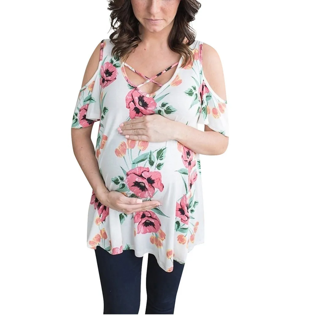

vetement femme 2019 Women's clothes pregnancy top Short Sleeve Flower Tops Breastfeeding Nusring Maternity Clothes ropa de mujer