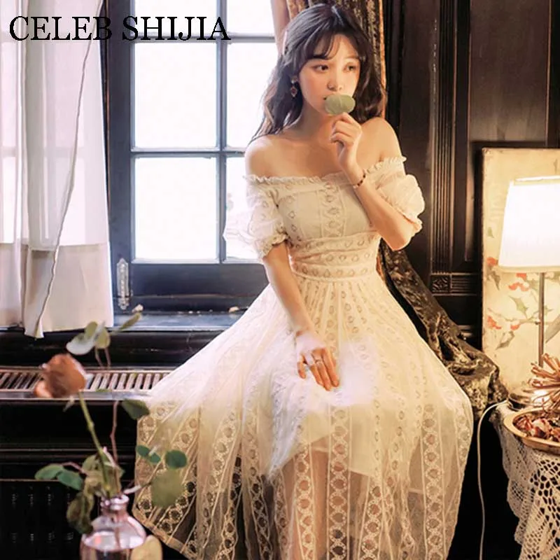 

New Summer Woman drees off-the-shoulder slash neck elegant mesh lace apricot maxi dresses for ladies robe femme autumn dropship