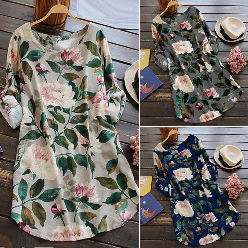 

Ladies Summer Dresses Loose Summer Dress Plus Size Beach Women Floral Print Dress Summer Party Long Sleeve Dress W404