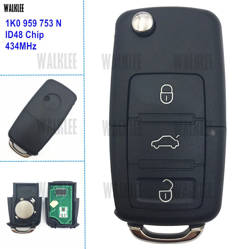 

WALKLEE 1K0959753N 1K0 959 753 N Remote Key suit for VW/VOLKSWAGEN EOS/GOLF/JETTA/POLO/SIROCCO/TIGUAN/TOURAN 434MHz Auto