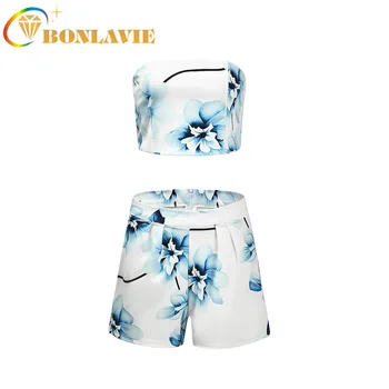 

Women Summer Wear Fashion Clothes Suit Set Vest+wide Leg Pants Floral Printed Blue Red Color Size S To XL Female Casual Clothing