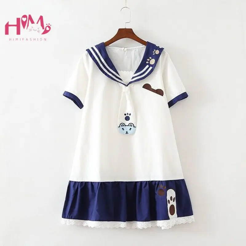 

Japanese Lolita Cute Dress Teen Girl Sailor Tie Collar Kawaii Cat T Shirt Dress Vintage Lovely Navy Short Sleeve Lace Mini Dress