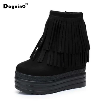 

Fashion Autumn Women Tassel Ankle Boots Ladies Height Increased 8 CM Zip Winter Boots Black Wedges Platform Shoes Sneakers Woman
