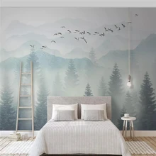 Бесшовные обои небольшой свежий и простой элегантный стиль туман лес фон стены большие фрески