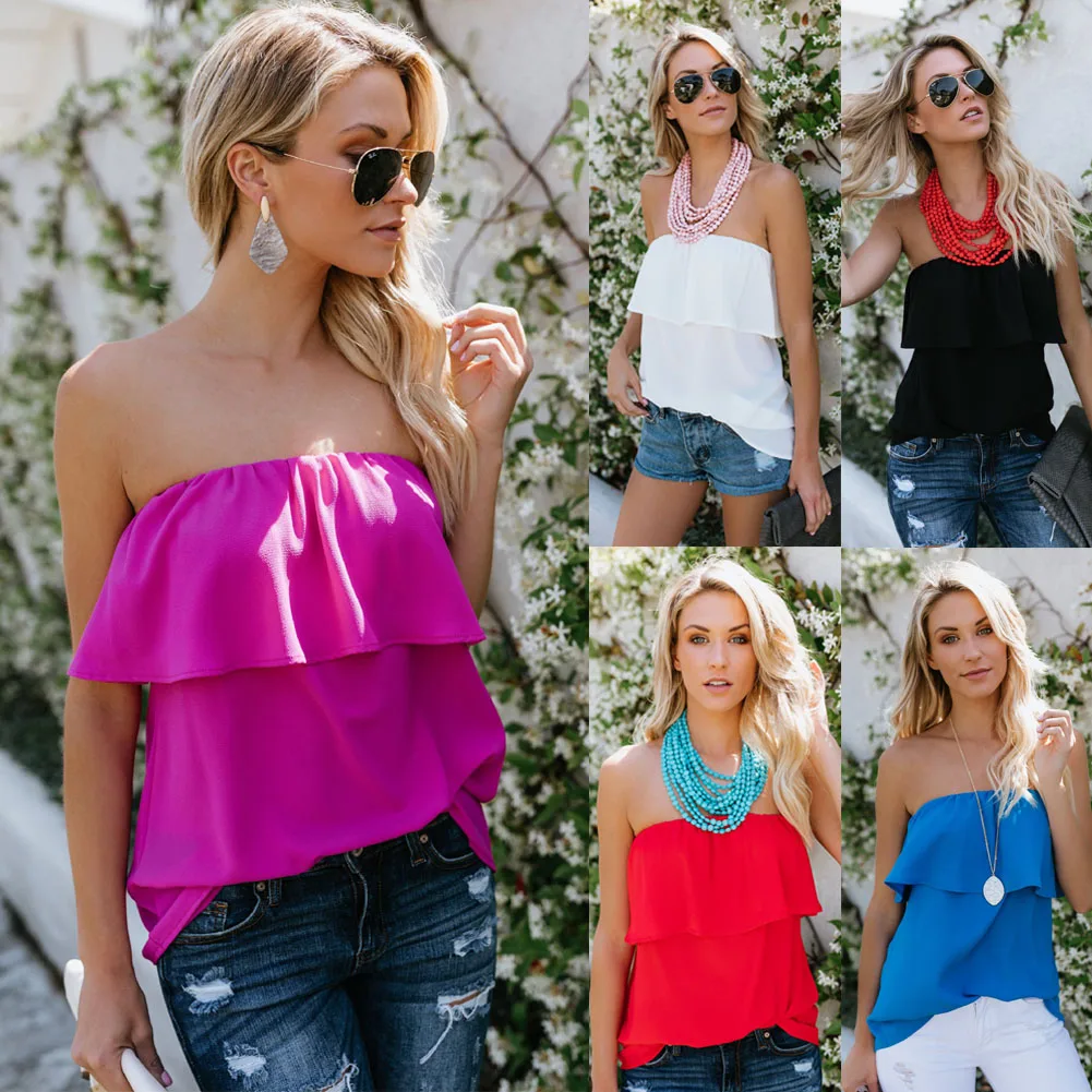 

Fashion Womens Chiffon Off The Shoulder Tank Tops Summer Casual Solid Ruffles Casual Tube Tops
