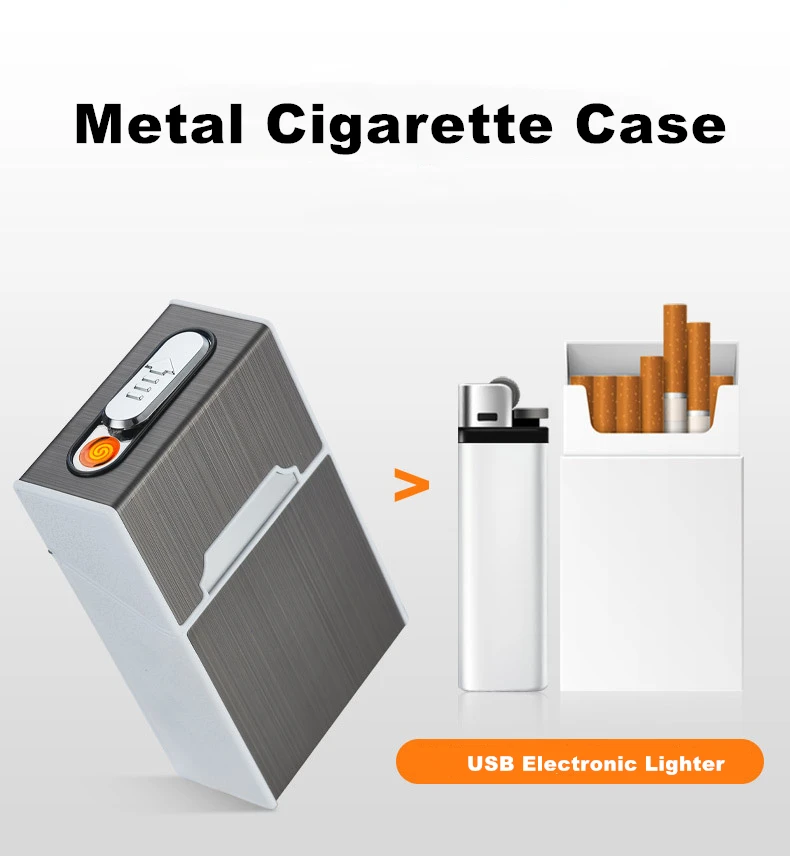 Metal Cigarette Case Box with USB Lighter 20pcs Capacity Waterproof Cigarette Holder Electronic Lighter Electric Gadgets for Men