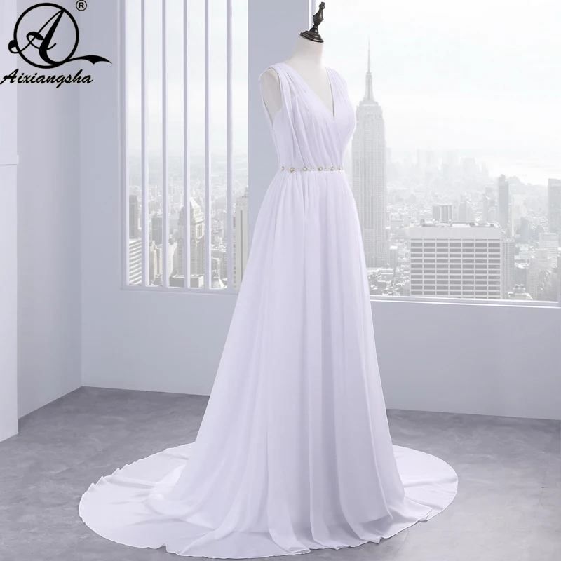 Greek Style Chiffon Open Back Sleeveless Floor Length Wedding Dress