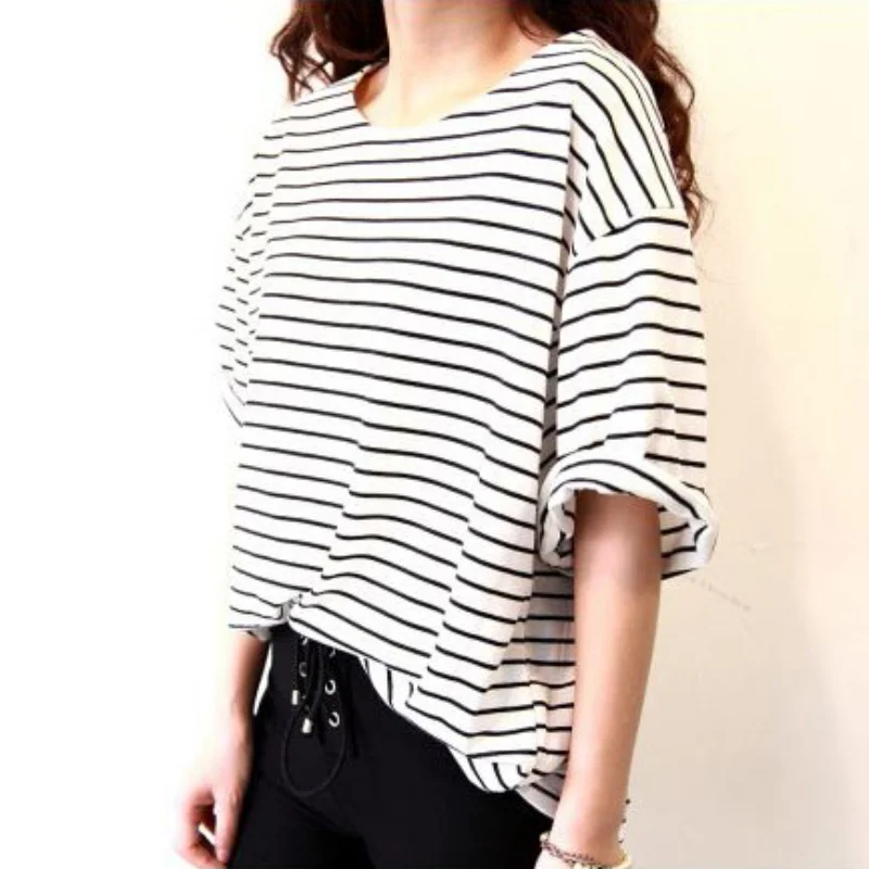 

New Fashion Summer Short Sleeve Women Loose Stripe T Shirt Casual Cotton Tops Big Size M-XXL