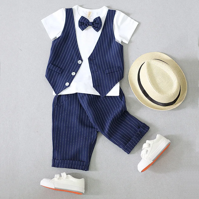 

Boys Blazer Suit for Weddings Kids Cotton Blue Shirt+Pants+Tie 3 pieces/set Clothing Sets Summer Boys Party Formal Outfits
