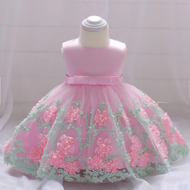 

Baby Tulle Dress Sequin Beaded Princess Girl Pageant Dress Pink 3D Rose Flower Vine Embroidered Frocks Prom Dress Vestidos A015