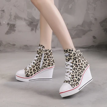 

Leopard Shoes Woman Canvas Platform Sneakers Women Casual Shoes Hidden Increasing High Top Wedges Shoe Espadrilles Plus Big Size
