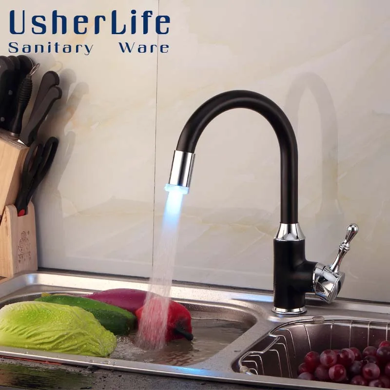 Usherlife LED Antique Kitchen Sink Faucet Oil Rubbed Bronze Black Faucets Hot&Cold Water Mixer