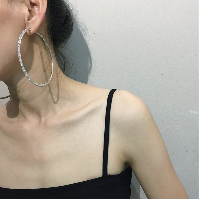 

6-8CM Exaggerated Round Rhinestone Hoop Earrings Jewelry Gift For Women Ear Hoop Silver Gold Large Round Circle Earring Women