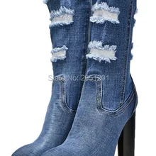 Весна-осень женские модные джинсовые ботинки с высоким голенищем в стиле ретро с вырезами Джинсы женские Босоножки с открытым носком, высота до середины голени, сапоги stieltto высокое туфли женские, высокий каблук, искусственная замша