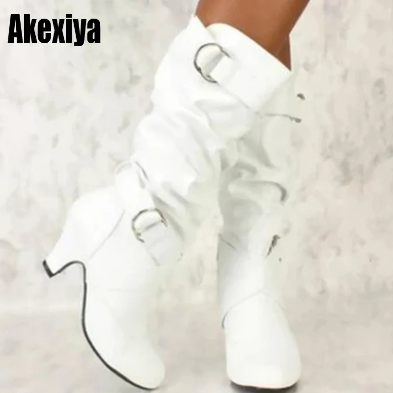 Tanie 2020 moda do połowy łydki buty na korkowym obcasie białe czarne Ridding buty zachodnie Street Goth damskie buty Plus Size damskie buty