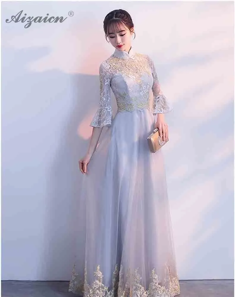 Серый невесты кружево длинное платье Ципао Китайский традиционный свадебный платья для женщин 2019 модные современные Qipao с расклешенными