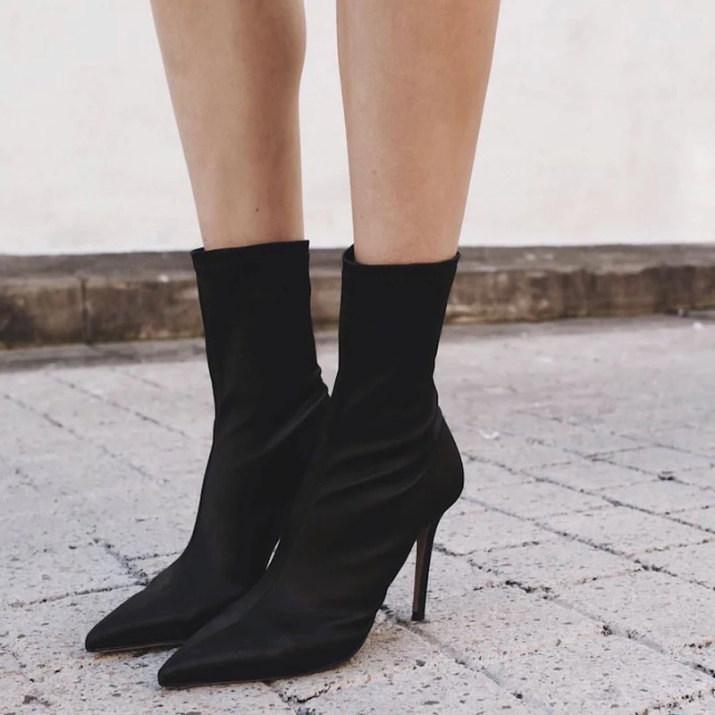 Baimier/Коллекция года; Модные Шелковые ботильоны для женщин; женские носки с острым носком на высоком каблуке; однотонные женские ботинки на тонком каблуке в уличном стиле