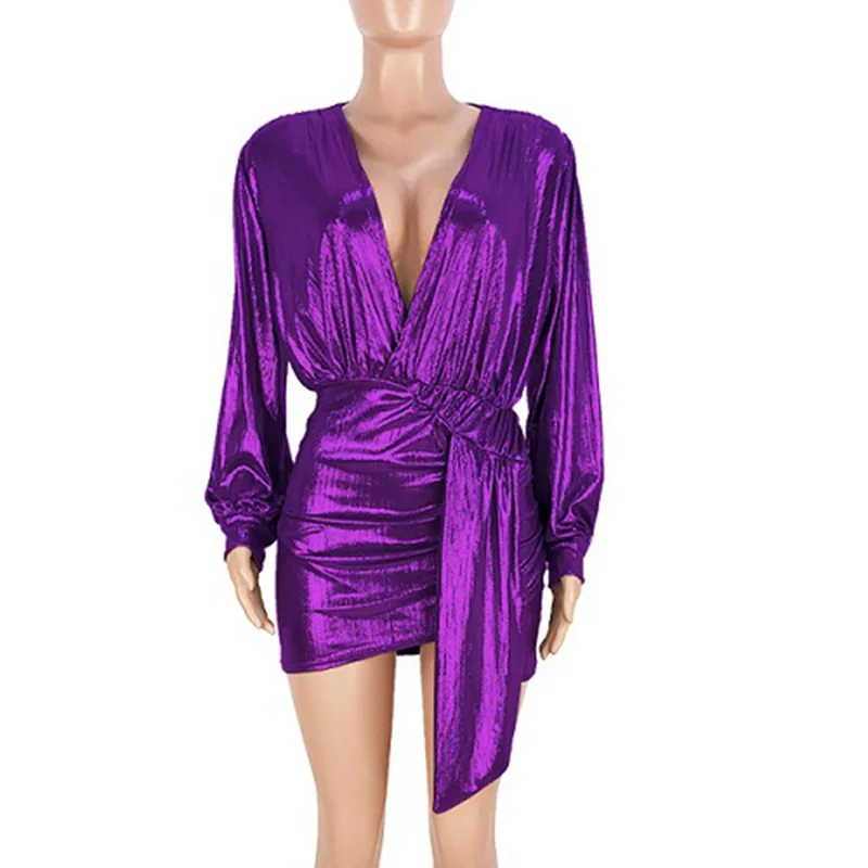 Металлическое вечернее платье с глубоким вырезом, женское платье с рукавом-фонариком, Платья с запахом, сексуальное летнее платье с v-образным вырезом и поясом, мини платье с рюшами на спине - Цвет: purple