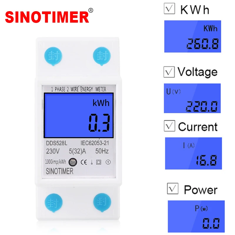 Домашний DIN Rail ЖК-дисплей цифровой Дисплей Мощность потребление электроэнергии и измеритель мощности счетчика энергии одиночной фазы Ватт ваттметр 230 В переменного тока 50 Гц