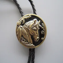 Античное бронзовое покрытое западным конским конем овальное Боло галстук шеи галстук кожаное ожерелье