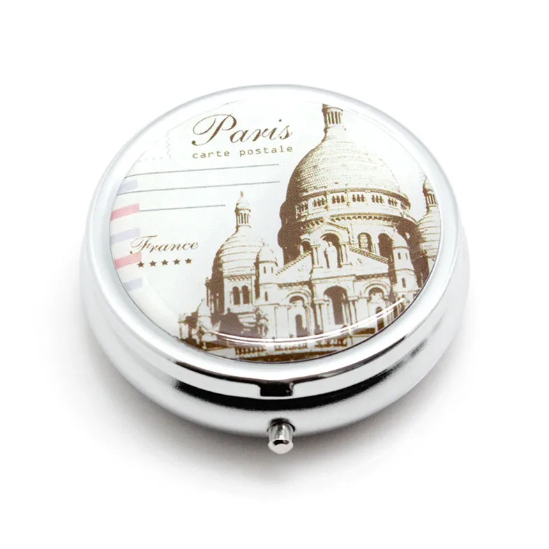 1PCS Portable Metal Round Flower Print Organizer Cute Compartment Pill Case Divid Storage Tablet Container Medicine Box