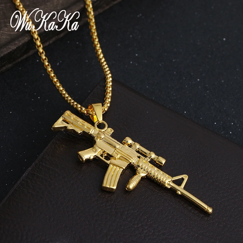 

2019 fashion Alloy Metal Gold Sniper Rifle Gun Chain Necklace Pendent Men Jewelry Gifts hiphop Pendent cool Boy Necklace
