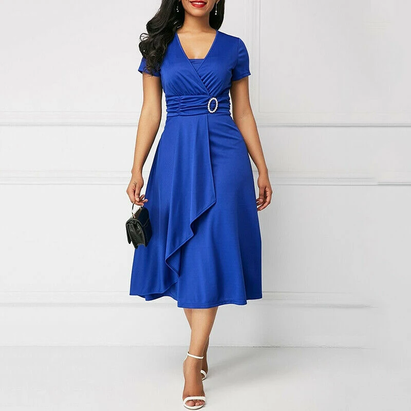 Blue Женское платье, элегантное, короткий рукав, ассиметричное, одноцветное, Vestidos, v-образный вырез, высокая талия, ТРАПЕЦИЕВИДНОЕ, женское платье - Цвет: Blue