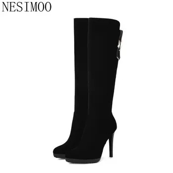 

NESIMOO 2018 Sexy Women Knee High Boots Solid Boots Black Zipper Warm Winter Short Plush Snow Boots Fashion Shoes Size 34-39