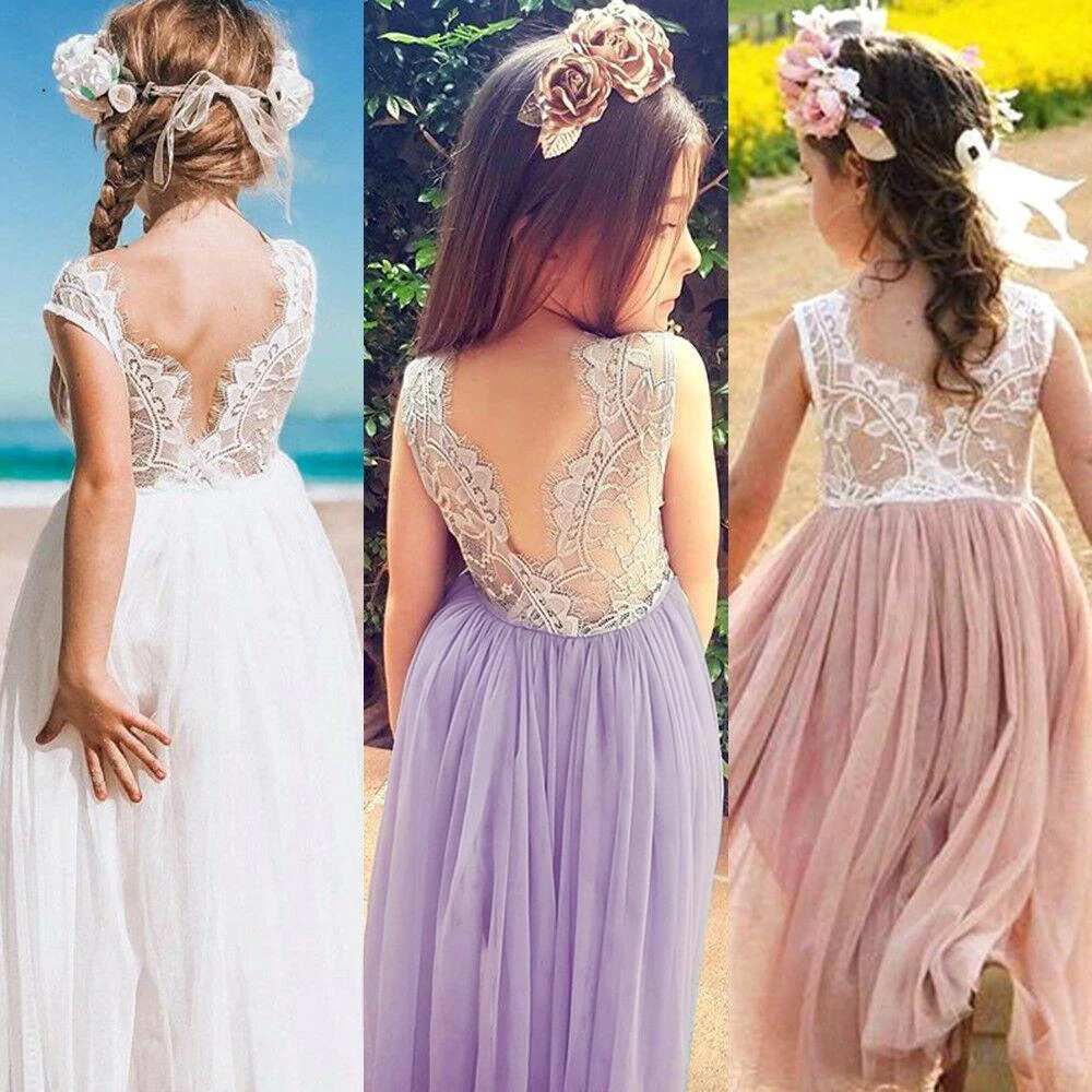 

2019 New Summer Dress For Girls Lace Tutu Layered Backless Dresses Wedding Party Princess Formal Gown Bridesmaid Pageant Costume