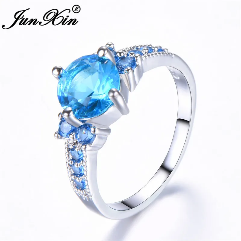 JUNXIN, многоцветные кольца с камнем радуги, огненным камнем для женщин, 925 пробы, заполненные серебром, фиолетовый, синий, циркон, тонкое свадебное кольцо - Цвет основного камня: Lake Blue Ring