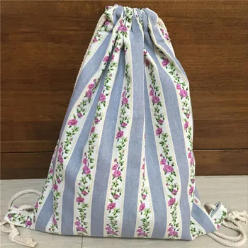 

YILE Cotton Linen Drawstring Travel Backpack Student Book Bag Blue Floral Stripe 628-2