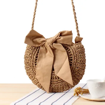 

New Bali Island Hand Woven Bag Round straw Bag with Bow fashion Rattan shoulder messenger Bag summer bohemia Beach Bags M516