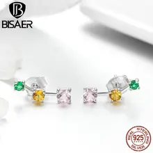 BISAER 925 пробы серебряные квадратные геометрические серьги-гвоздики для женщин Дешевые Красочные CZ Циркон Модные серьги ювелирные изделия ECE495