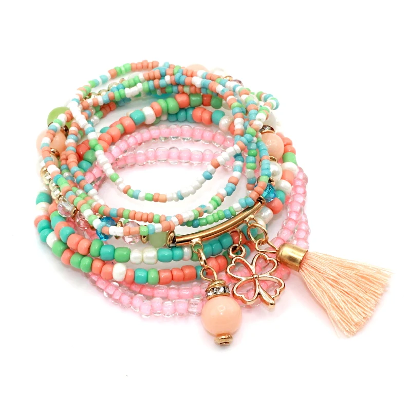 

9pcs/set Brand Multi-layer Seed Beads women's bracelet Tassel Clover Bracelets & Bangles Strand Stretch Bracelets Pack Jewelry