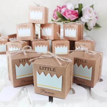 

50pcs Baby Shower Candy Box Little Prince Little Princess Crown Kraft Boxes Blue Pink Candy Box for Girl Boy Birthday Favors Box