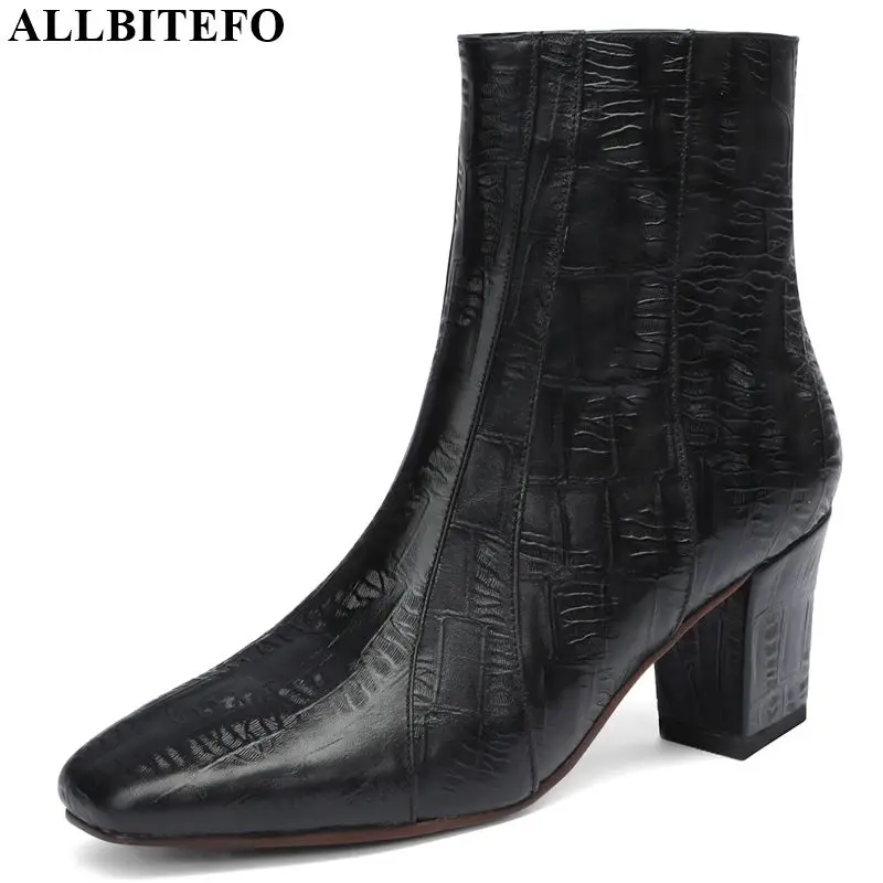 

ALLBITEFO brand high heels women boots genuine leather square toe thick heel ankle boots for women martin boots winter shoes
