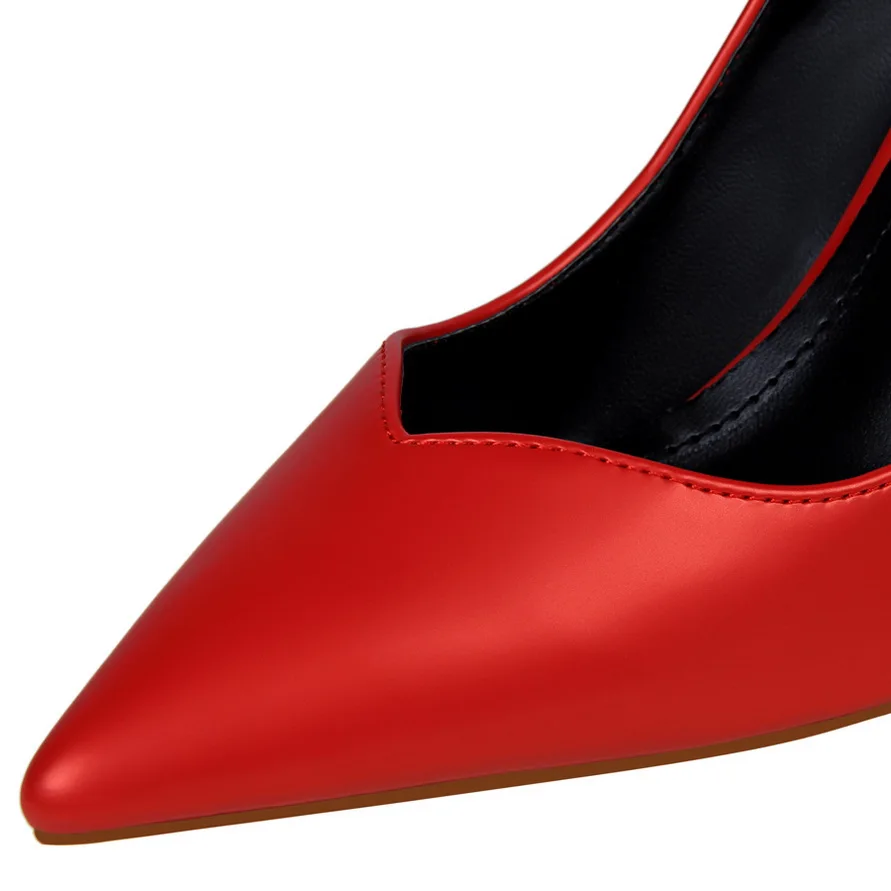 women pumps comfortable thick with high heel 8CM leather temperament shallow mouth pointed hollow out single woman shoes
