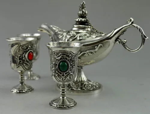 

Statue decoration factory outlets Miao Silver Collectible Decorated Old Handwork Tibet Silver Carving Flower Tea Pot Cup Set.