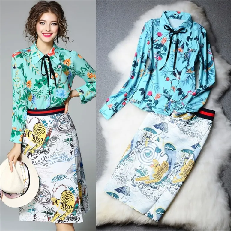 

New Runway Vintage Flowers Print Suits Sets Women Long Sleeve Bows Shirts Blouses And Tiger Retro Cut Skirts Set CC019