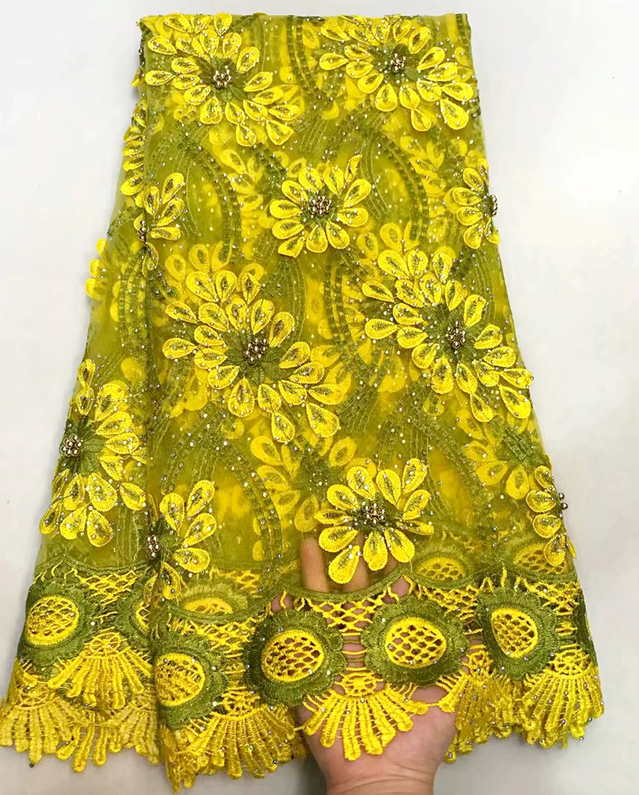 

Fashion African Lace Fabric High Quality Yellow Color Lace Nigerian Lace Fabric 2018 High Quality Lace With Beaded 5 Yards