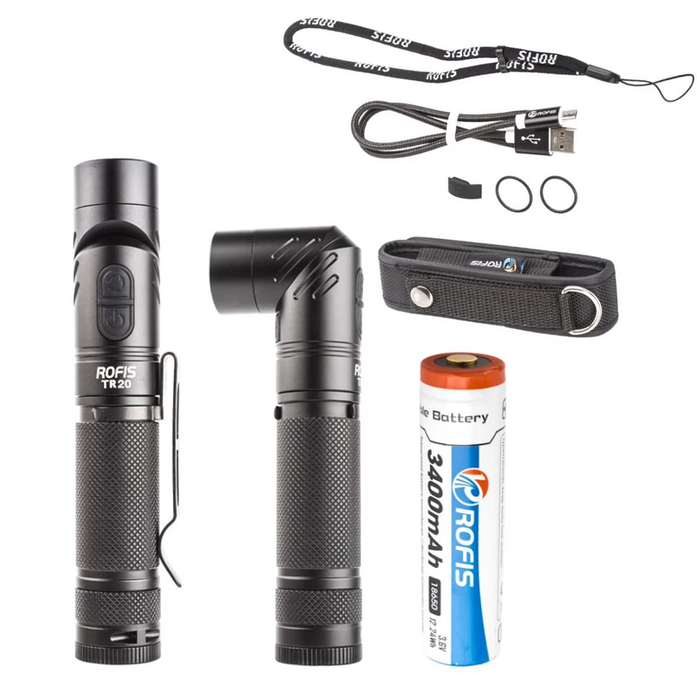 

Adjustable-head flashlight ROFIS TR20 1100 lumen CREE XP-L HI V3 LED 90 Degree Head Rotation rechargeable torch with battery