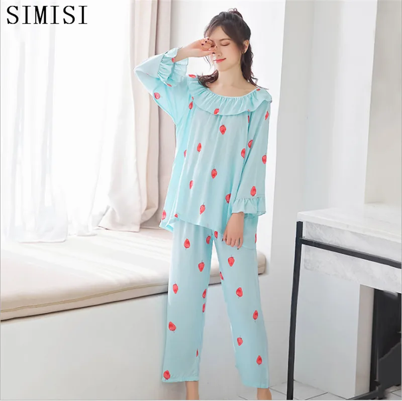 SIMISI Rayon Pajamas for Women Elegant 2Pieces Sleepwear Female Cute Strawberry At All Seasons