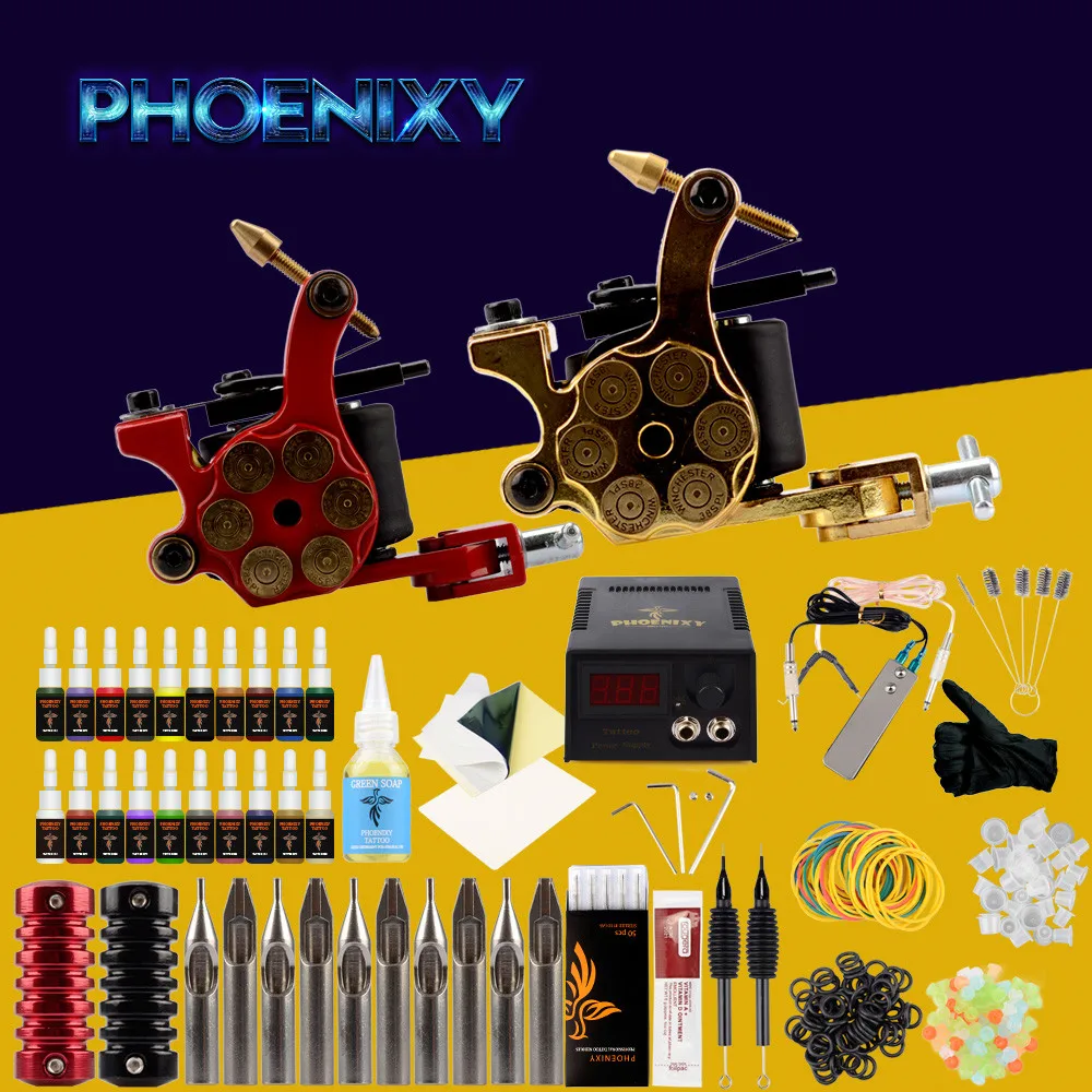 

Complete Tattoo Kit 2 Machines Guns Set Inks Pigment LCD Power Supply Grips Body Art Tattoo Tools Permanent Makeup Tattoo Set