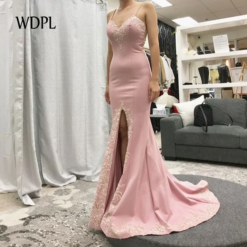 Abiye розовый Вечерние платья Длинные vestido de festa longo Платье-Русалка на выпускной спагетти-халат De Soiree вечернее платье с аппликацией