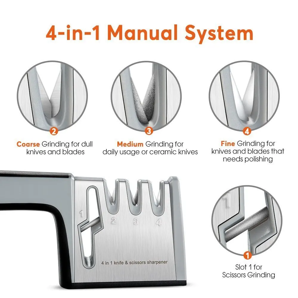 Ножи и заточка для ножниц, Кухня точилка для ножей 4-в-1 ручной Системы с 3-я ступенями Ножи инструмент для заточки с Non-slip база и E