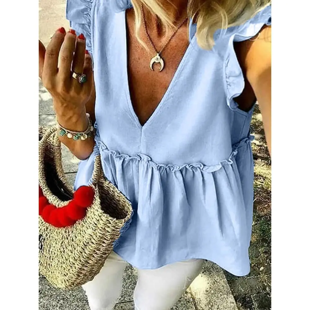 

Women Fashion Casual Casual Short Sleeve Solid V-neck Solid Short Tops T-Shirt