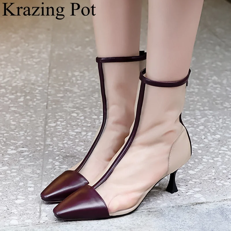 

2018 superstar air mesh high heels mid-calf boots pointed toe Breathable zipper office lady fashion boots nightclub shoes L58